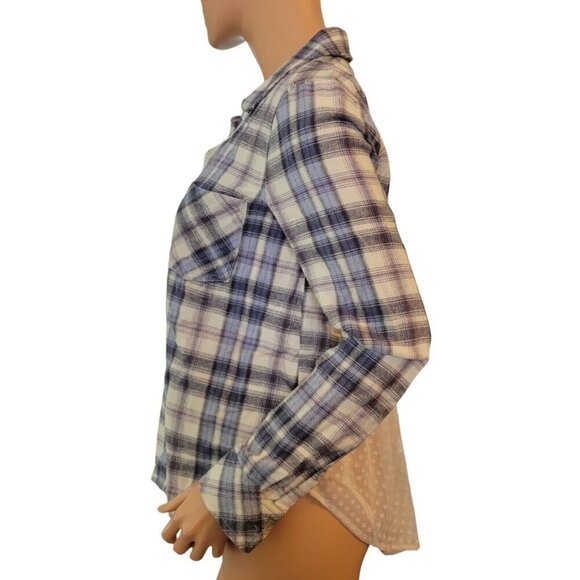 Anthropologie Holding Horses Womens Small Blue Beige Flannel Plaid Sheer Back - Picture 2 of 13